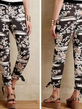 Anthropologie Elevenses Black Floral Tie-Hem Pants size L